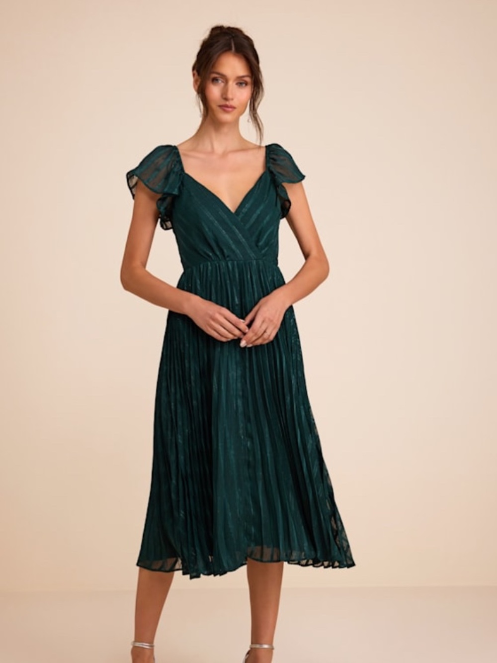 Lulus Standout Sophistication Emerald Lurex Flutter Sleeve Midi Dress Green
